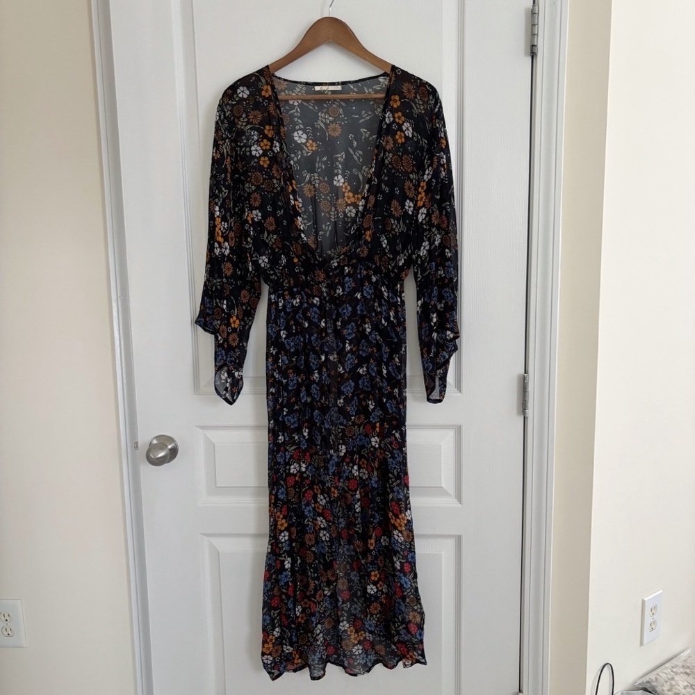 Floreat Black Floral Longline Kimono One Size Boho Anthropologie